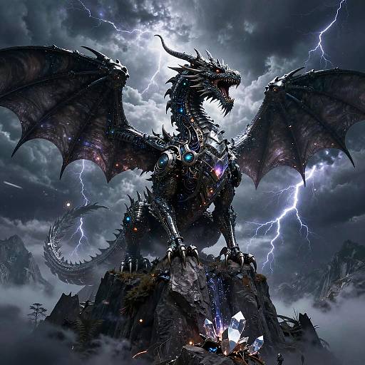 Digital artwork of a powerful, black, lightning-embossed dragon with glowing blue eyes and wings, standing on a rocky peak amidst a stormy,