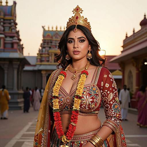 Photograph of a beautiful South Asian woman in traditional gold and red embroidered attire, adorned with floral garlands, jewelry, and a crown, standing in