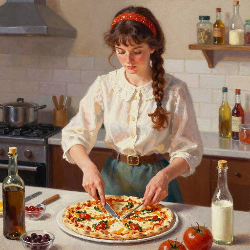 Digital painting of a young woman with a red headband, braided brown hair, white blouse, and green skirt, making a pizza in a cozy