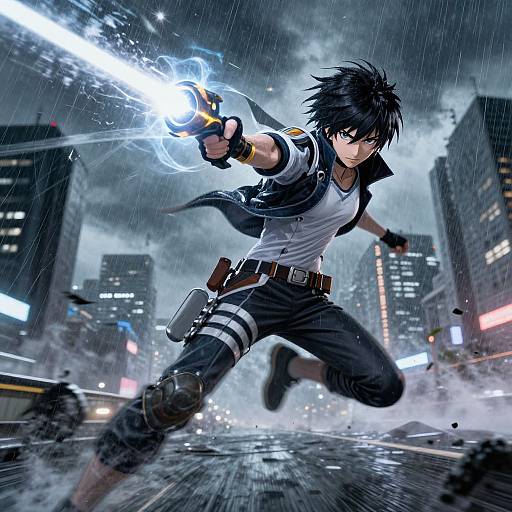 Dynamic anime-style illustration of a black-haired, blue-eyed, muscular young man in a white shirt and black pants, firing a glowing blue gun in a