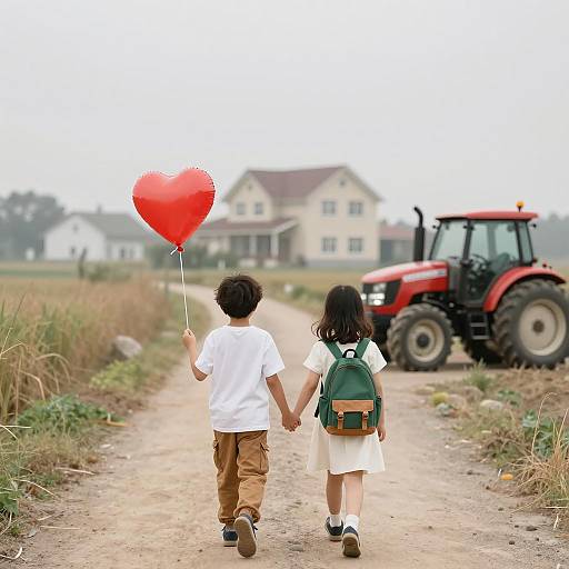Children Walking on Rural Road with Heart Balloon