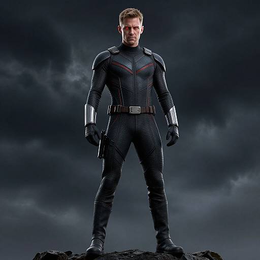 Photograph of a muscular, serious-looking man in a black, high-tech superhero suit with red accents, standing on rocky ground under a dark, storm