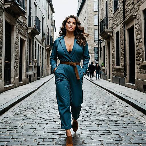 Woman in Powder Blue Jumpsuit Walking on Cobblestone Street