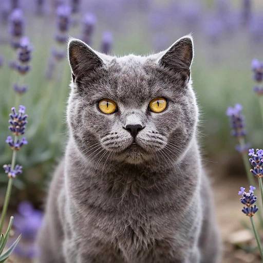 Gray Cat with Yellow Eyes in Lavender