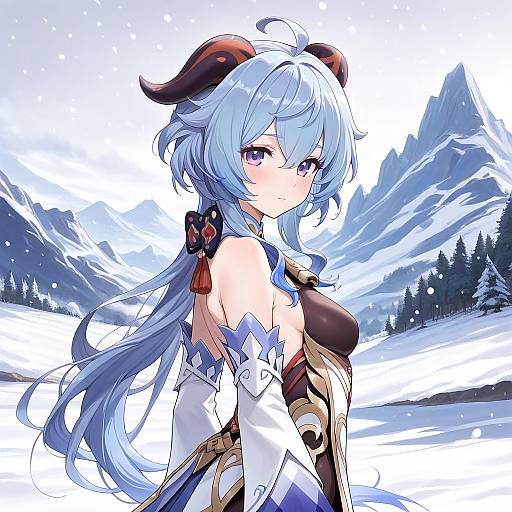 Ganyu in a Serene Snowy Landscape