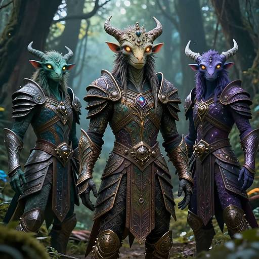 Digital artwork of three fantasy minotaurs with glowing eyes, wearing ornate, metallic armor with blue gemstones, standing in a misty forest.
