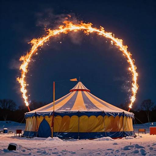 Photograph of a yellow and blue circus tent in snow, with a fiery, circular ring of flames arching above against a dark night sky.
