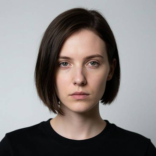 Photograph of a young white woman with fair skin, short black bob haircut, and neutral expression, wearing a black top, against a plain white background