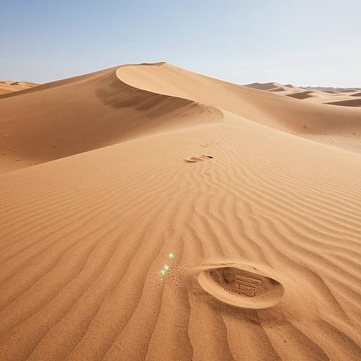 Photograph of sunlit desert sand dunes with rippled textures, a small circular sand depression in the foreground, under a clear blue sky.