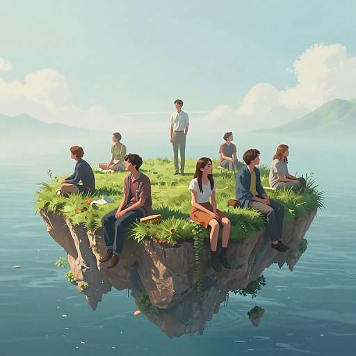 Digital painting of diverse group sitting and standing on a floating grassy island above calm blue water, with mountains and clouds in the background.
