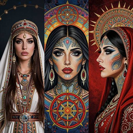 Digital artwork of three women in elaborate, traditional Indian attire with detailed face paint, jewelry, and vibrant headdresses, showcasing intricate patterns and rich colors.