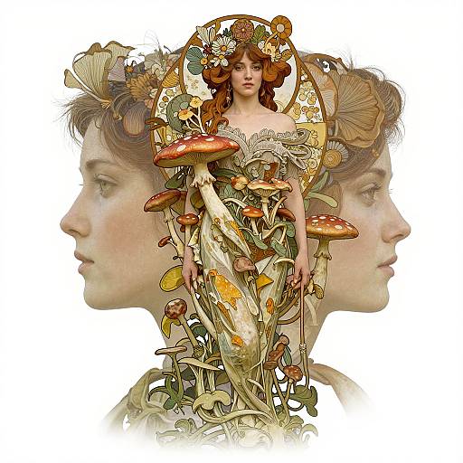 Digital artwork of a red-haired woman with mushroom-adorned, ornate crown, layered over two translucent profiles, blending fantasy and nature elements.