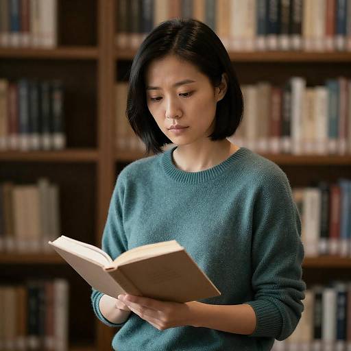 Asian Woman Reading in Dim Library