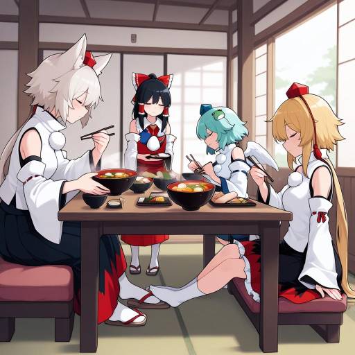 Delightful Scene with Multiple Girls and Food