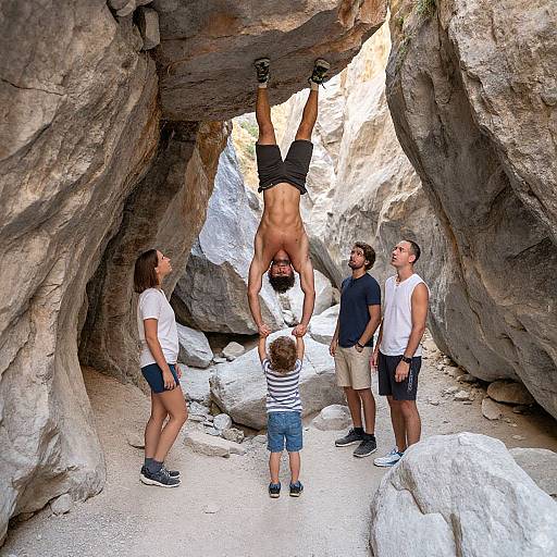 Photograph of a muscular shirtless man hanging upside down from a rocky cave entrance, surrounded by four people, including a child, in casual summer clothes