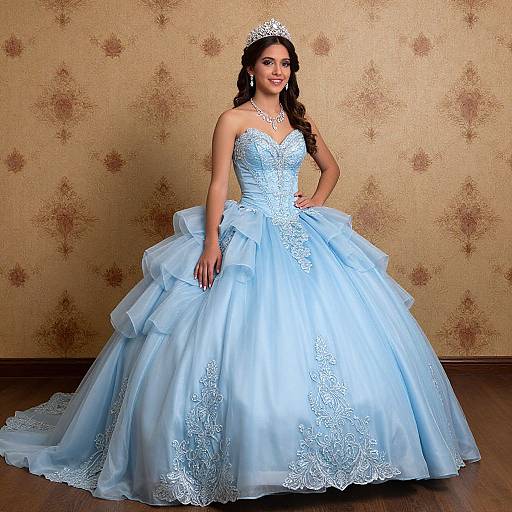 Photograph of a smiling woman in a light blue, lace-embroidered, strapless ball gown with a full skirt, wearing a silver ti