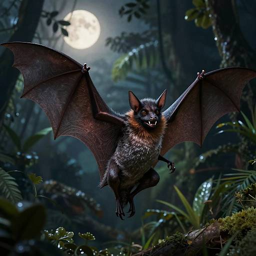 Digital artwork of a bat with large, dark wings flying over a moonlit forest, surrounded by lush greenery and dense foliage.
