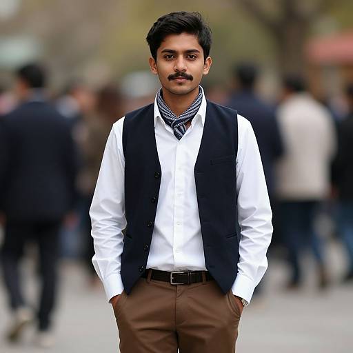 Photograph of a young Indian man with medium skin tone, black hair, mustache, wearing a white shirt, black vest, brown pants, and
