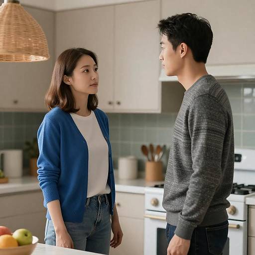 Photograph of a modern kitchen scene: an East Asian woman with shoulder-length brown hair in a blue cardigan and white t-shirt stands facing an East