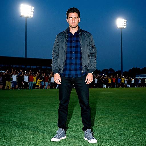 Photograph of a handsome man with short dark hair, wearing a black jacket, blue plaid shirt, black pants, and gray sneakers, standing on