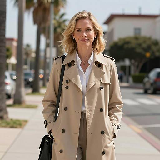 Professional Woman in Beige Trench Coat on Sunny Sidewalk