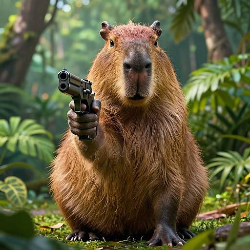 Confident Capybara with Gun in Jungle