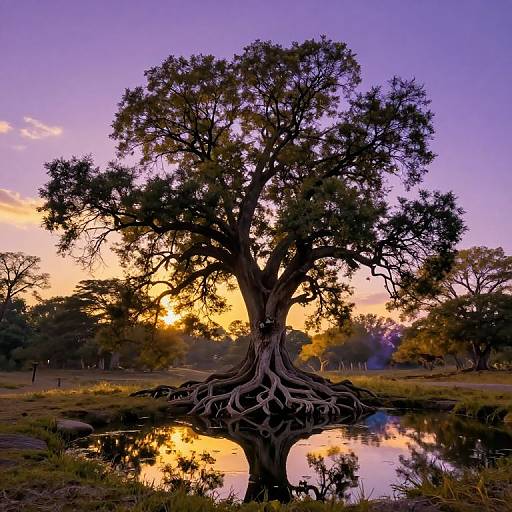 Photograph of a large, gnarled tree with exposed roots reflected in a calm pond, set against a vibrant purple and orange sunset sky.