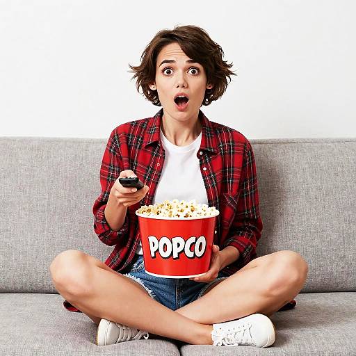 Surprised Woman Watching TV with Popcorn