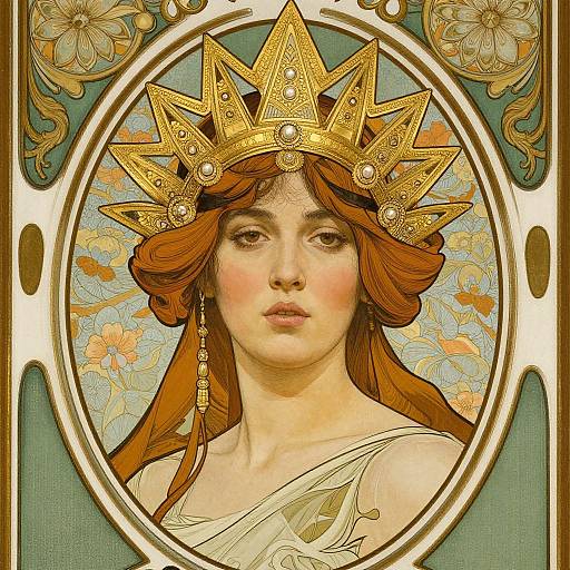 Digital illustration of a fair-skinned woman with red hair, wearing a gold star-shaped crown and white draped garment, set against a floral background. Art