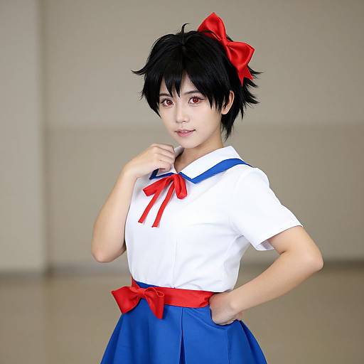 Digital anime-style portrait of a young person with black hair, red bow, white sailor top, blue skirt, and red ribbon.