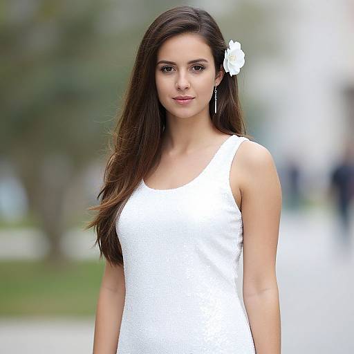Photograph of a young woman with long dark brown hair, wearing a white sleeveless dress, white flower hairpin, standing outdoors.