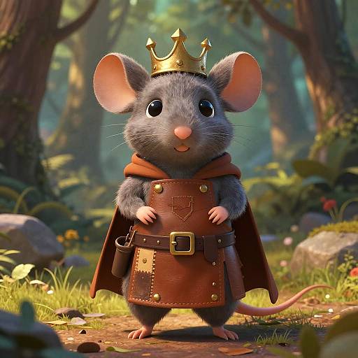 CGI image of a cute, gray mouse in a forest, wearing a golden crown and brown leather cape with a belt, standing on a dirt path
