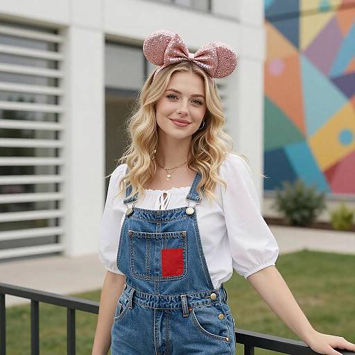 Young Blonde Woman in Denim Overalls