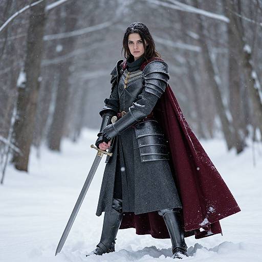 Woman Warrior in Snowy Forest