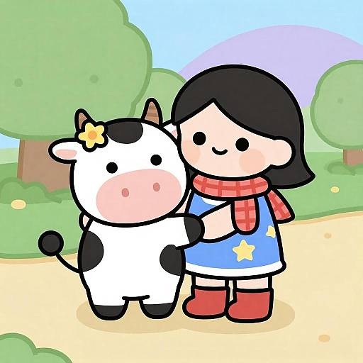 Cartoon Girl Hugging Cow on Path