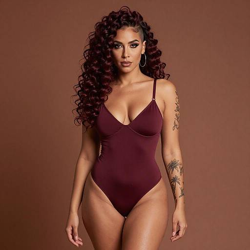 Confident Non-Binary Femme Model in Burgundy Lingerie