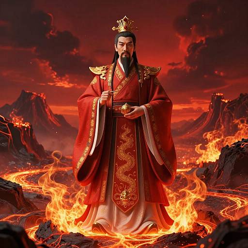 Photograph-like digital artwork of a bearded man with long black hair, wearing a red, gold-embroidered robe and crown, standing in