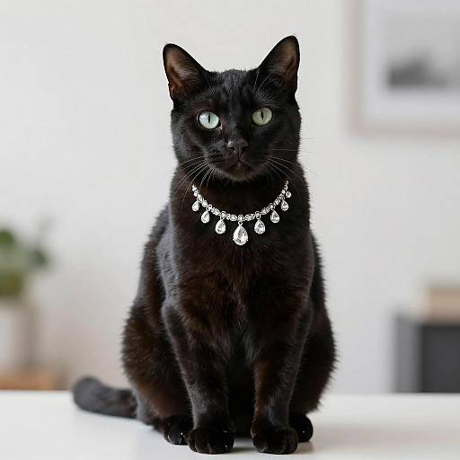 Elegant Black Cat with Gemstone Necklace