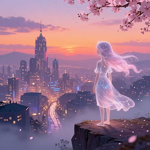 Digital anime-style painting of a glowing, ethereal girl with long pinkish hair in a flowing dress, standing on a cliff, overlooking a vibrant,