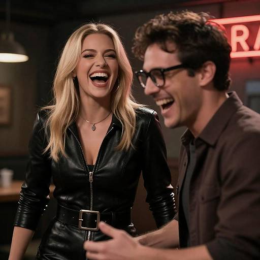 Dynamic Laughing Duo in Urban Setting