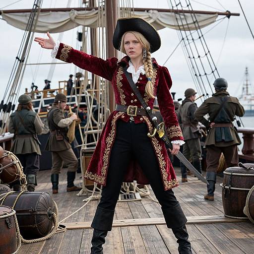 Photograph of a blonde woman in a red pirate coat, black pants, and tricorn hat, pointing on a ship's deck with sailors in the