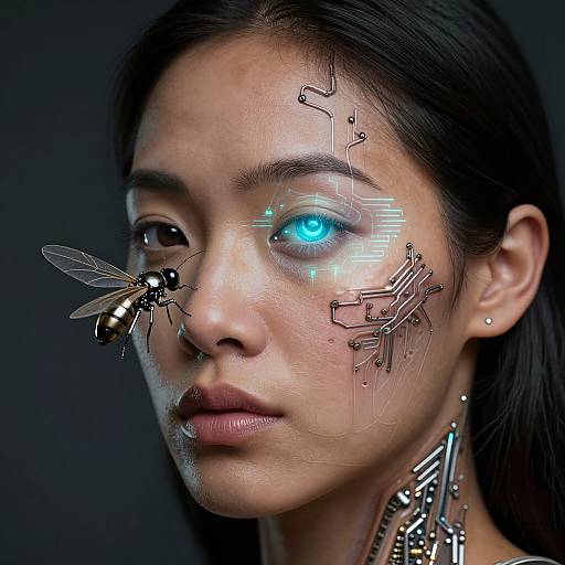 Digital artwork of a woman with cybernetic enhancements: glowing blue eye, electronic circuits on her face, a fly hovering near her nose, dark background