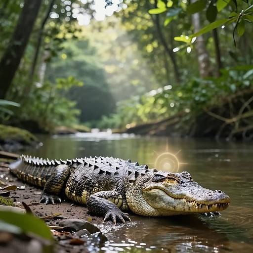 Photograph of a large, textured alligator with rough, dark green and yellow scales, basking in a sunlit, serene forest creek. Spark