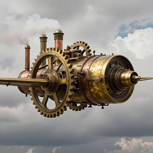 Photograph of a vintage-style, bronze steam engine with large gears and copper pipes, flying against a cloudy sky.