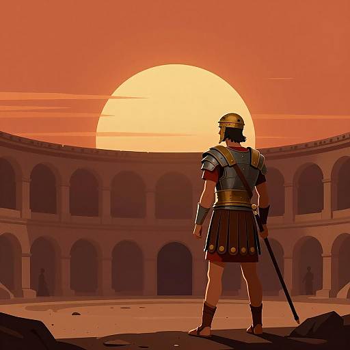 Gladiator Silhouette in a Sunset Arena