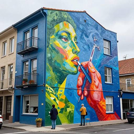 Vibrant street mural of a colorful, abstract face on blue building, with a large red hand holding a brush. Two people stand below, observing