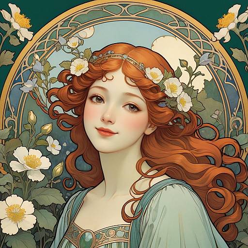 Art Nouveau Woman with Red Hair in Garden