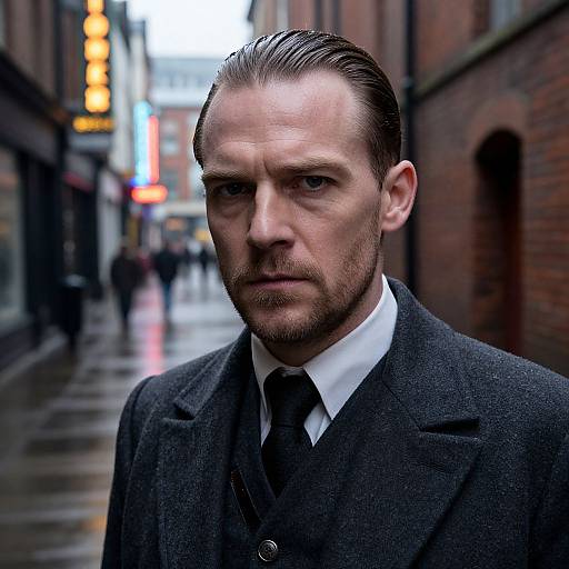 Photograph of a serious-looking man with slicked-back brown hair, dark beard, and blue eyes, wearing a black suit and tie, standing in