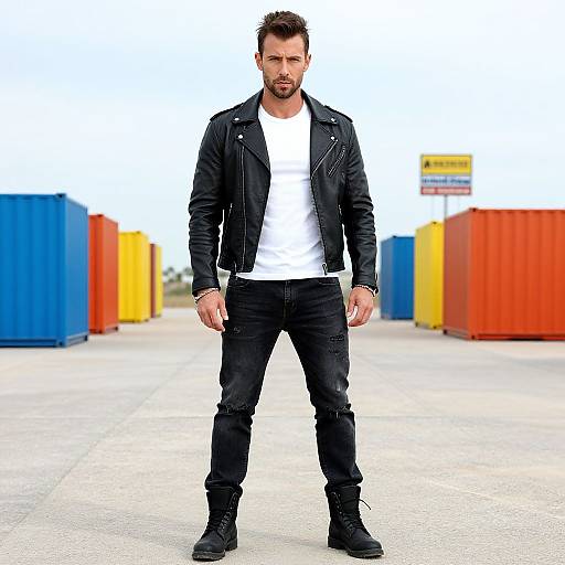 Photograph of a rugged, bearded man in a black leather jacket, white t-shirt, black jeans, and boots, standing in front of colorful