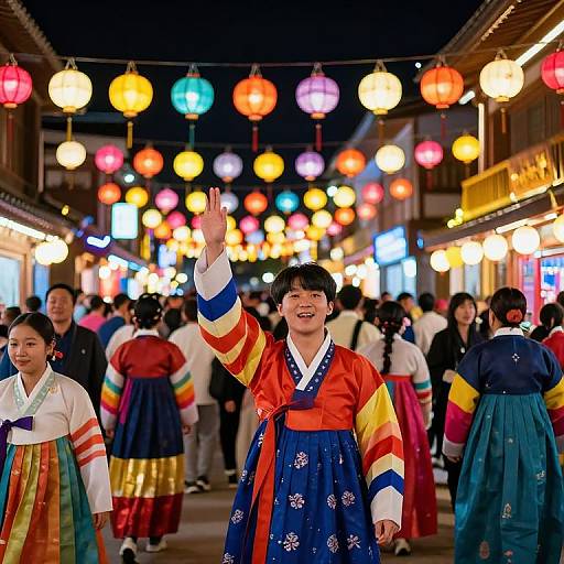 Photograph of a joyful Korean woman in colorful traditional hanbok, raising her hand, surrounded by glowing lanterns and festive crowd in a vibrant night